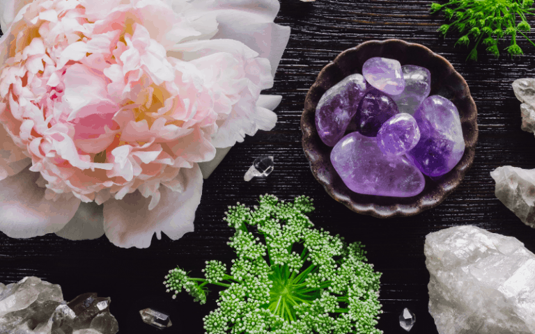 A refreshing image of amethyst crystals with flowers