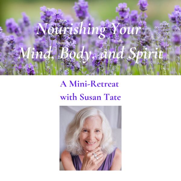 A picture of lavender flowers with the writing, "Nourishing Your Mind, Body, and Spirit" written over it in a white. Below is a picture of Susan Tate smiling.