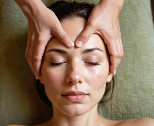 Photo of a woman's face with another person's hands massaging above her eyebrows.